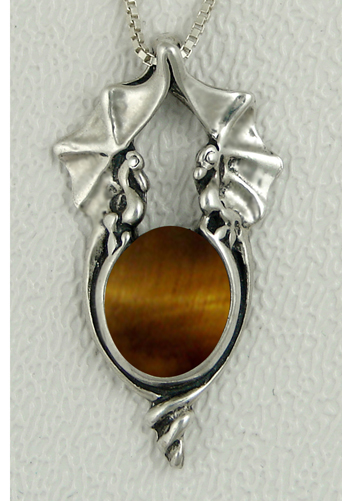 Sterling Silver Proud Pair of Dragons Pendant With Tiger Eye